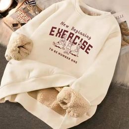 Sweatshirt Womens Winter Loose Letter Print Plush Thick Hooded Sweatshirt Warmth Padded Warm Fleece Lined Pullover Sweater Top 240131