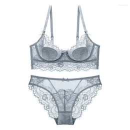 Bras Sets Sexy Eyelash Lace Ultra Thin Underwear Set With Stones Broadside Plus Size Bra And Panty Women Lingerie A B C D E Cup