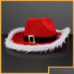 Party Hats Christmas Cowboy Feather Hat Artificial Fur Edge Non Glowing Red Santa Claus Western Carnival Drop Delivery Home Garden F Dhczi