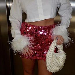 Skirts Women Shiny Sequins Sexy Y2k Mini Skirt Hollow Out See Through Hip 2024 Fashion Lady Circular Sequin Outside Streetwear