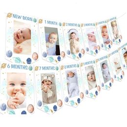 Funmemoir Outer Space Theme 1st Birthday Po Banner First Trip Around The Sun Birthday Decoration for born To 12 Months Boy 240124