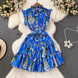 Casual Dresses Summer Runway Fashion Women Dress Butterfly Sleeve Blue Flower Print Ruffles Blet Mini Loose Holiday Vacation T6320