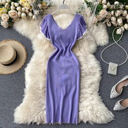 Party Dresses Korean Fashion Elastic Knitted Sweater Dress Women V-neck Contrast Ruffled High Waist Thin Sexy Vestidos M373