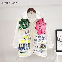 Women's Jackets 2024 Autumn Streetwear Women White Denim Jacket Fashion Graffiti Print Long Sleeve Jeans Female Loose Hip Hop Coat