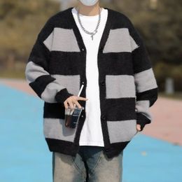Cardigan Sweaters Men Striped Knitted Korean Fashion Clothing Brand Streetwear 240123