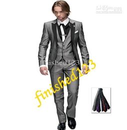 Selling Light grey One button Peak Lapel Groom Tuxedos Groomsmen Men Wedding Blazer Suits Prom Clothing JacketPantsVestTie7089308