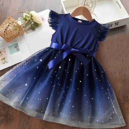 Girl's Dresses Girls Summer New Flying Sleeves Sequins Mesh Dresses for Kids Girls 2024 Childrens Princess Dress 2-6 Yrs Baby Girl Casual Wear