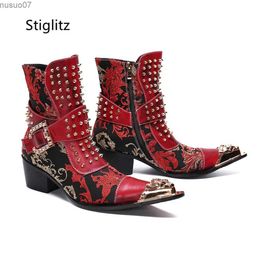 Boots Metal Buckle Embroidery High-Heeled Ankle Boots for Men Western Knight Boots Iron Pointed Toe Mens Shoes Chelsea Boots