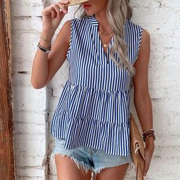 Women's Blouses Casual Blue Striped Ladies Shirt Sexy Sleeveless V-neck Blouse For Women Summer Fashion Office-lady Loose Top Blusas 27127