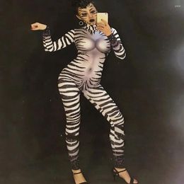Stage Wear Animal Pattern Printed Jumpsuit Adult Women Festival Cosplay Costume Zebra Role Playing Performance Crystal Leotard