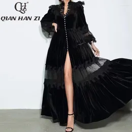 Casual Dresses QHZ Fashion Runway Maxi Dress Women Lantern Sleeve Retro Hollow Out Embroider Lace Ruffle Splicing Velvet High Split Party