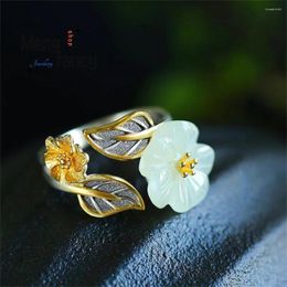 Cluster Rings Natural White Hetian Jade Flower Ring 925 Silver Jewellery Eternity Couple Luxury Promise Adjustable Gift For Girlfriend