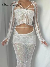 Work Dresses Sequins Knitted Hollow Out Two Piece Set Women Long Sleeve Cropped Top Midi Bodycon Skirt 2024 Summer Chic Beach Female Outfits