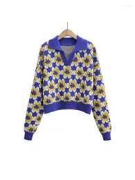 Women's Sweaters ZADATA Fashionable Casual All-match Blue Printed V-neck Loose Short Retro Warm And Comfortable Sweater