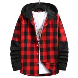 LUCLESAM Men Plaid Splicing Hoodie Mens Fashion Streetwear Classic Flannel Long Sleeve Hooded Shirts sudaderas hombre 240119