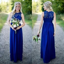 2024 Long Royal Blue Beach Country Style Bridesmaid Dresses Sheer Lace Neck Ruched Sexy Open Back Bridesmaids Dress Maid of the Honour Gowns