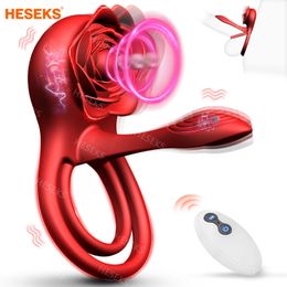 HESEKS Rose Vibrating Cock Ring 10 Vibration Penis Ring Penis Vibrators G-spot Clitoral Stimulator Adult Couples Sex Toy for Men 240126