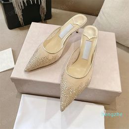 Pointed Toe Rhinestone Embellished Kitten heels mules slippers High Heels Wedding Party shoes Summer and Spring luxury designer Sandals Women with box 6cm