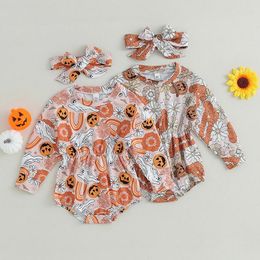 Rompers 2024-07-05 Lioraitiin 0-18M Infant Baby Girl 2Pcs Halloween Outfits Pumpkin Print Long Sleeves Romper Headband Fall Cute Clothes