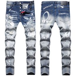 Men's Jeans Italian Damp Pad Patch Random Thread Embroidery Hole Digital Printing Elastic Small Straight