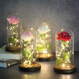 LED Glass Immortal Rose Enchanted Galaxy Decoration Home Furnishing Eternal 24K Gold Foil Flower Glass Cover Valentine's Day 202I