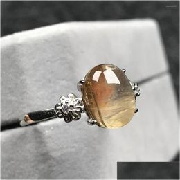 Cluster Rings Natural Gold Rutilated Quartz Ring Jewellery For Woman Lady Man Crystal 10X8Mm Oval Beads Sier Stone Adjustable Drop Deli Dhzhw