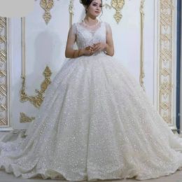 Elegante renda applique vestidos de casamento cristais árabes contas a linha com decote em v lantejoulas tule vestidos de noiva plus size 0202