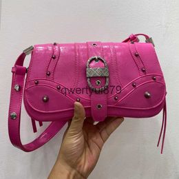 Shoulder Bags Handbags Moto Biker For Women Luxury Designer andbags Purses 2023 New In Vintage PU Wax Leater Sequined Rivet Underarm SoulderH2422