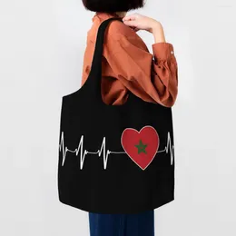 Shopping Bags Heartbeat Morocco Country Flag Grocery Bag Canvas Shopper Shoulder Tote Big Capacity Moroccan Heart Family Handbag