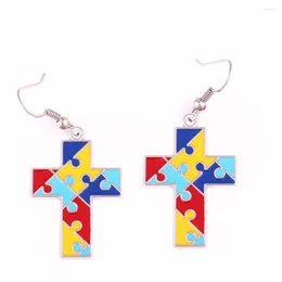 Dangle Earrings Autism Awareness Hope Cross Charm With Holes Jigsaw Puzzle Piece Religious