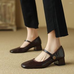 Dress Shoes Retro Real Leather Women Pumps Shallow Mouth Round Head Chunky Heels Single For Woman Spring 2024 Ladies Banquet