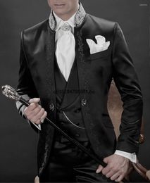 Men's Suits 2024 Style Black Silver Gray Embroidery Groom Tuxedos Groomsmen Wedding Prom Bridegroom (Jacket Pants Vest)