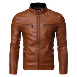 Mens Jacket solid Colours leather jackets male Stand Collar Motor Slim Multi Pockets Vintage Classic Leather 240125