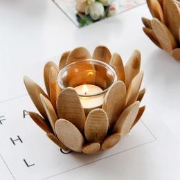 Candle Holders Wood Lights Holder Wooden Candlestick Lotus Shape Table Desktop Decoration Rustic Wedding Holiday DIY Decor