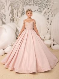 Girl Dresses Light Pink Flower Satin Appliques With Bow Long Sleeve For Wedding Birthday Party Banquet Princess Gown