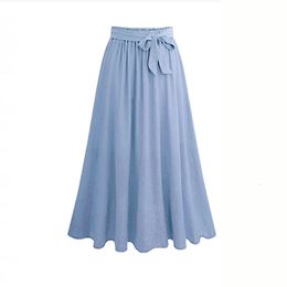 Casual Streetwear Plus Size Long Skirts Women Summer Chiffon Lace Up Bow Maxi Skirt Elegant Stretch High Waist Big Swing Faldas 240129