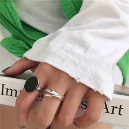 Cluster Rings Simple Fashion Black Drop Glaze Oval Shaped Silver Colour Open Ring For Women Party Jewellery Gifts S-R696