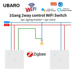 Smart Home Control UBARO EU 1Gang 2 Way Wifi Tuya Zigbee Wall Switch Glass Panel For Google Alexa Voice Light Sensor Button Cross