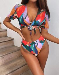 Women039s Swimwear Colorful Female Swimsuit High Waist Bikini Women Threepieces Set Short Sleeve Bather Bathing Suit Swim5630618