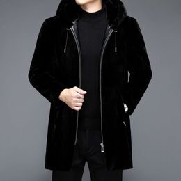 Designer Hooded Golden Mink Fleece Mid Length Coat for Middle Aged Haining Fur Thickened Winter Men 2V37