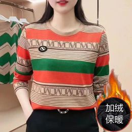 Women's T Shirts Autumn Winter Multicolor Striped Long Sleeve T-Shirts Women High Street Casual Thick Pullovers Elegant All-match Chic Tops