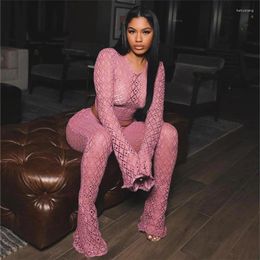 Women's Two Piece Pants Sexy Hollow Out Women 2 Set Solid Long Sleeve Crop Top Flare Matching 2024 Spring Club Party Tracksuits