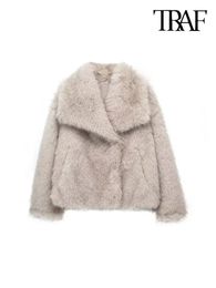 TRAF Women Fashion Cropped Faux Fur Jacket Coat Long Sleeve Front Snap-button Female Outerwear Chic Tops 240127