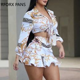 Two Piece Dress 2019 Spring Elegant Allover Printed Shirt and Sexy Mini Skirt Set Womens Set J240202