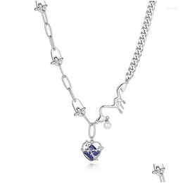 Pendant Necklaces Fashion Dark Blue Crystal Heart Necklace For Women Casual Pearl Clavicle Chunky Link Chains Colliers Charm Jewellery Dhn0Y