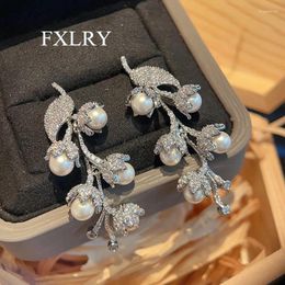 Dangle Earrings FXLRY Leaf Shape Cubic Zirconia Paved Cluster Pearl Long Wedding Party For Women Jewelry