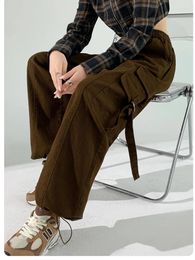 Women's Pants Side Pockets Drawstring Solid Colour Sports Fashion Street Style Female High Waisted Straight Thin Cargo Trousers