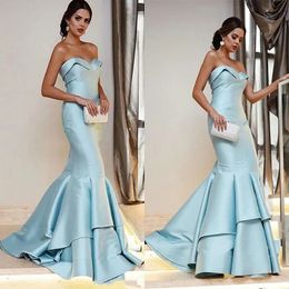Baby Blue Elegant Evening Party Dress Satin Strapless Sleeveless Floor Length Tiered Mermaid Prom Formal Gowns Robe De Soiree Vestidos De Fiesta
