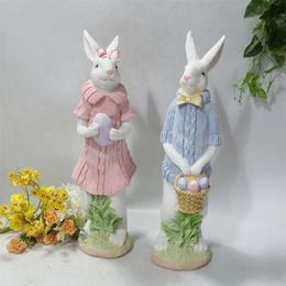 1pcs Easter Bunny Figurine Ornament Resin Standing Rabbit Animals Statue With Easter Egg Basket For Easter Party Home Decor 240130
