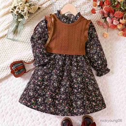 Girl's Dresses 2 Pcs Kids Casual Clothing Sets Outfits for Girls 2023 Autumn Winter New Toddler Tank Top Floral Print Dress Fashion Children